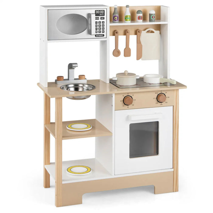 White and Natural Wooden Play Kitchen with Chalkboard