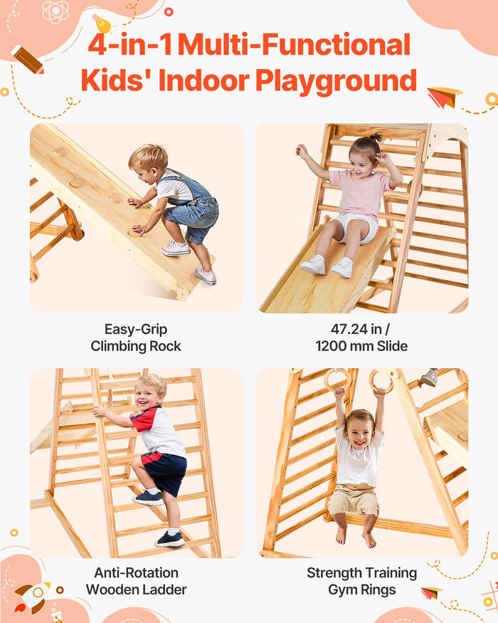 Wooden Triangle Playground with Slide and Climbing Panel