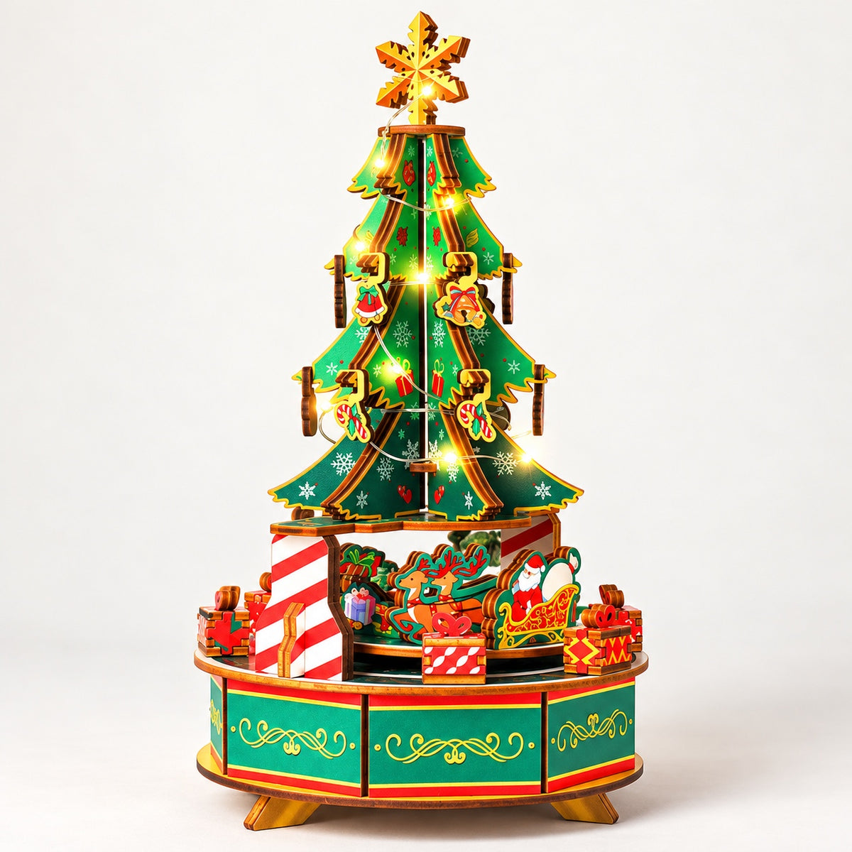 3D Wooden Puzzle Light-Up Christmas Tree Music Box Kit – DIY Rotating Holiday Decor