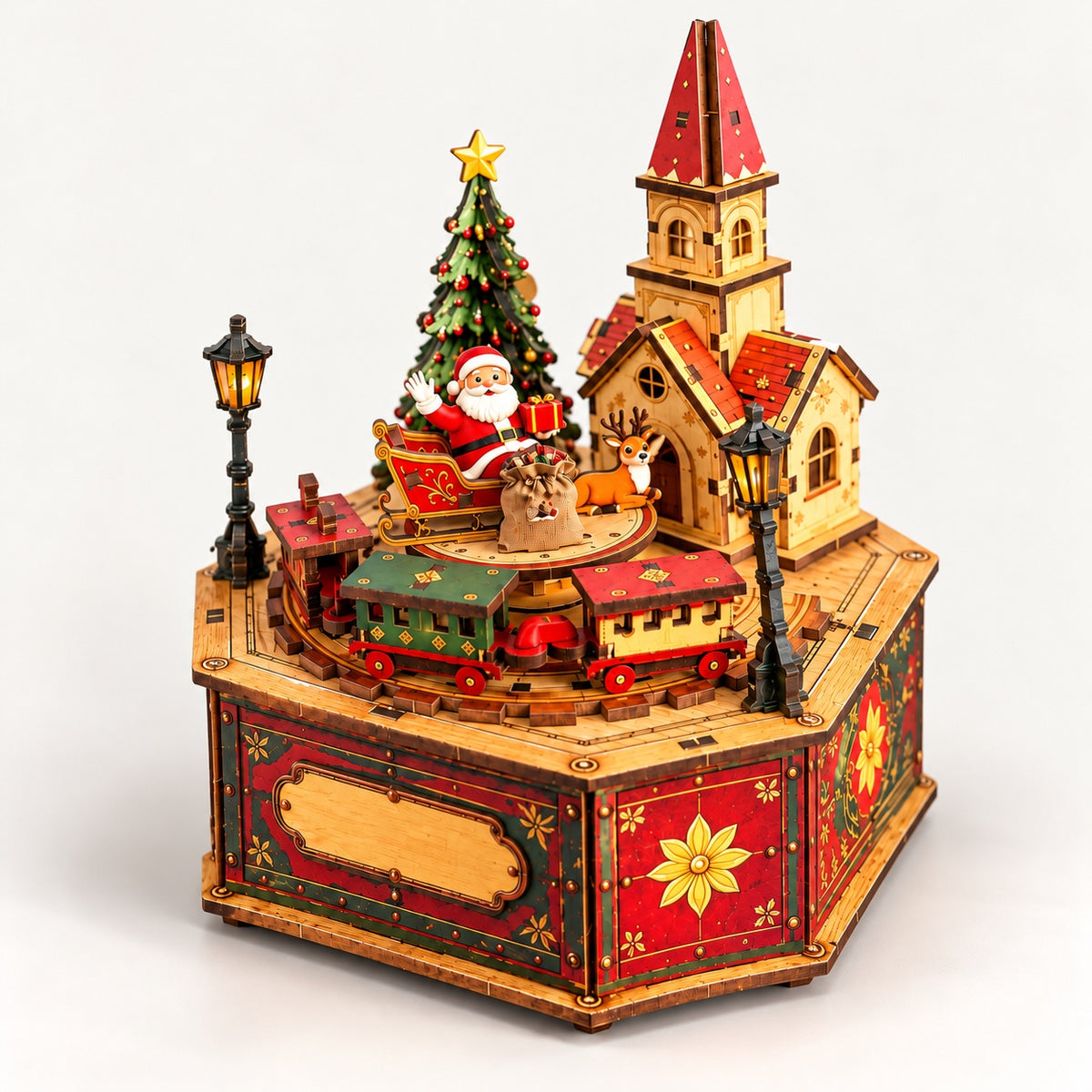 3D Wooden Puzzle Christmas Village Music Box - DIY Santa Sleigh Diorama