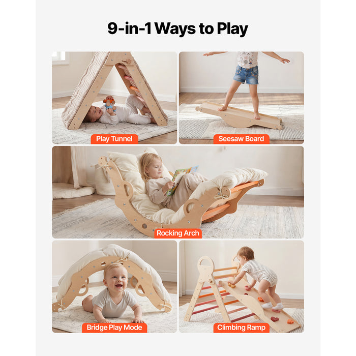 Natural Wooden Climbing Set with Arch, Ramp and Cars
