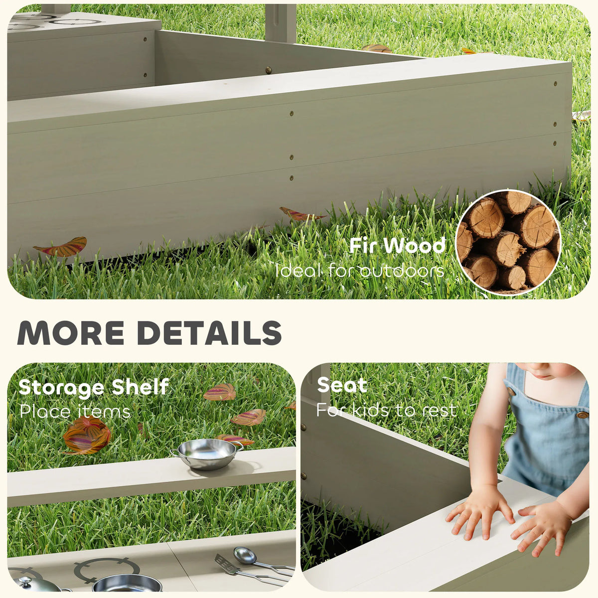 Wooden Sandbox with Canopy and Play Kitchen