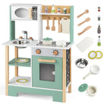 Green and White Wooden Play Kitchen with Chalkboard