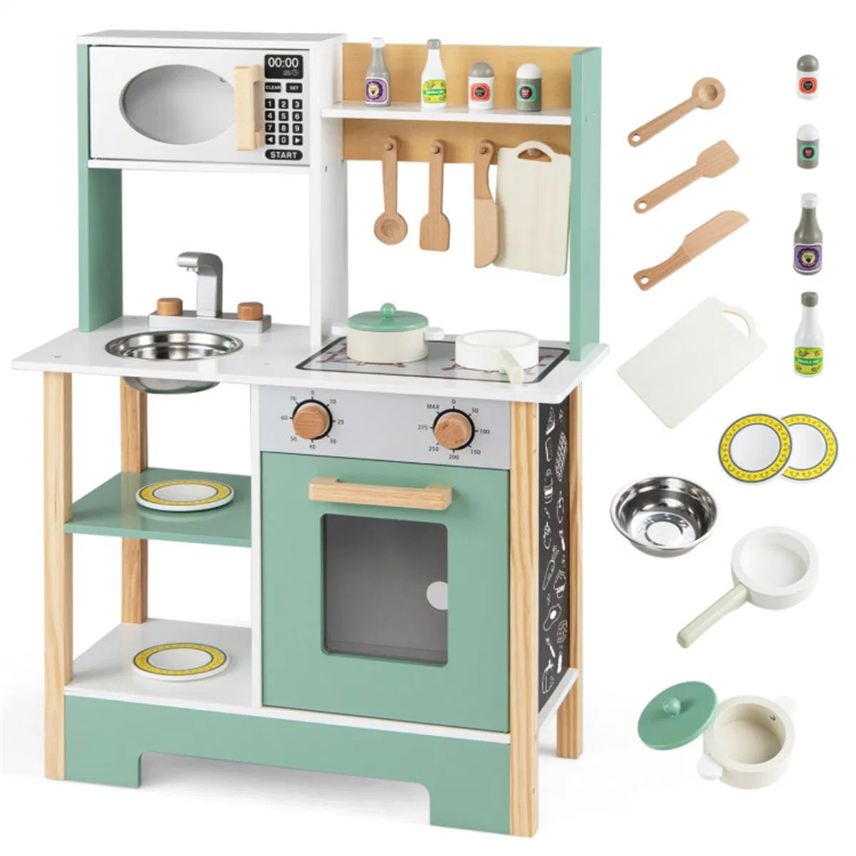 Green and White Wooden Play Kitchen with Chalkboard