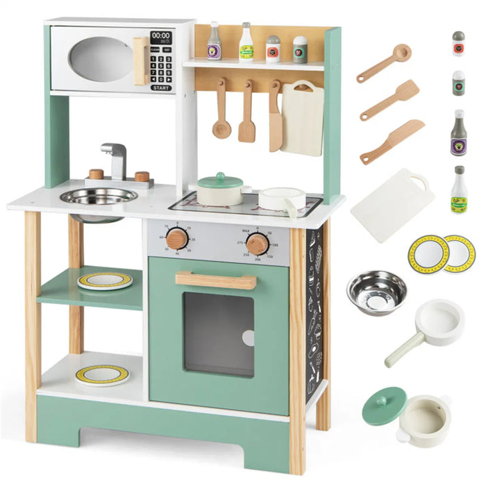 Green and White Wooden Play Kitchen with Chalkboard