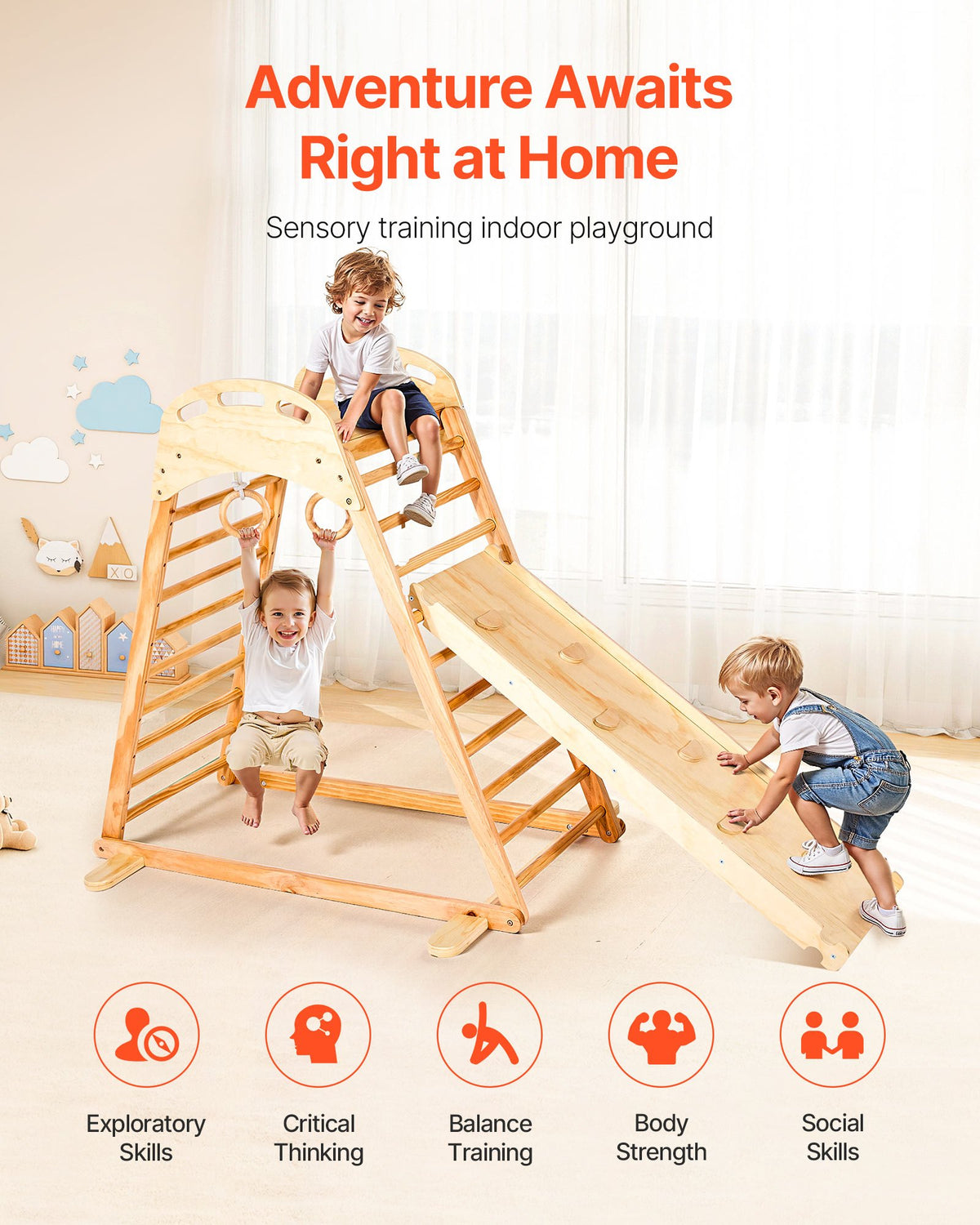 Wooden Triangle Playground with Slide and Climbing Panel