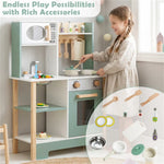Green and White Wooden Play Kitchen with Chalkboard