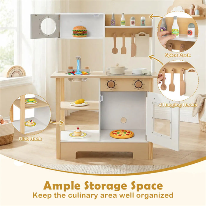 White and Natural Wooden Play Kitchen with Chalkboard