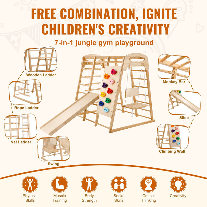 Wooden Indoor Jungle Gym with Slide and Swing