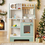 Green and White Wooden Play Kitchen with Chalkboard