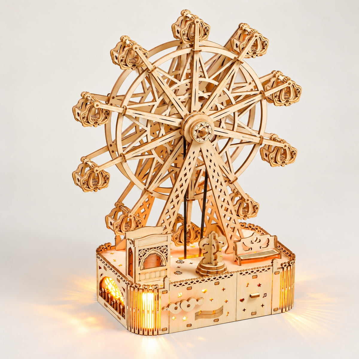3D Wooden Puzzle Ferris Wheel Music Box Kit – DIY Light-Up Desk Decor