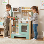 Green and White Wooden Play Kitchen with Chalkboard