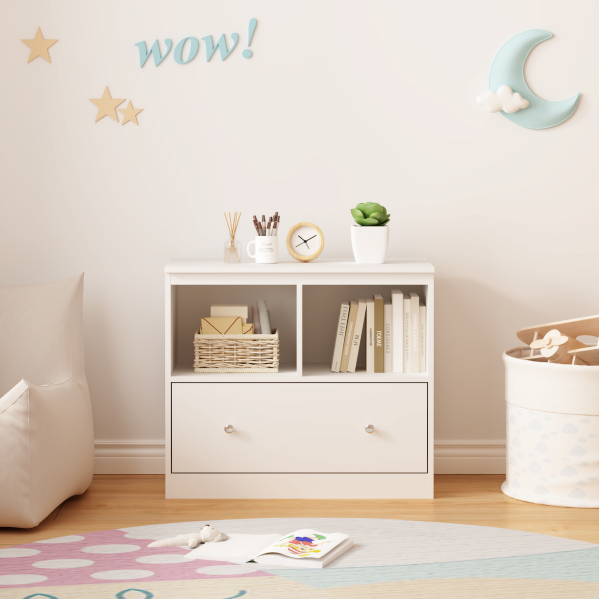 White Toy Storage Cabinet with Large Drawer