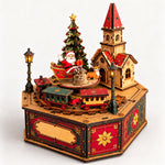 3D Wooden Puzzle Christmas Village Music Box - DIY Santa Sleigh Diorama