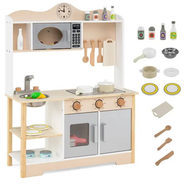 Gray Wooden Play Kitchen with 13 Accessories