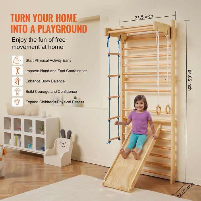 Wooden Wall Ladder with Slide and Hanging Rings