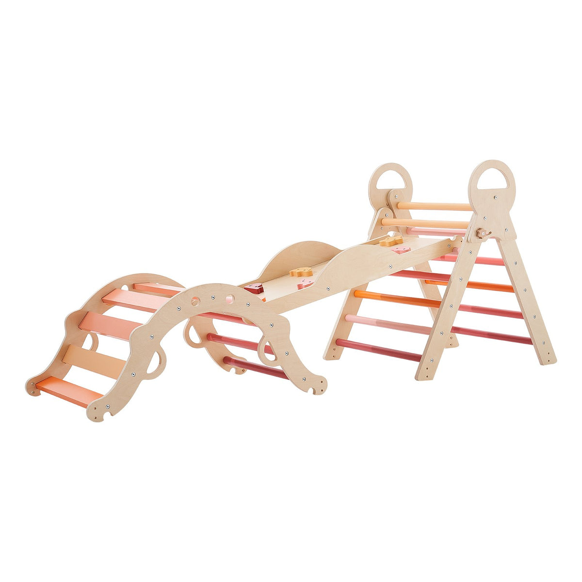 Natural Wooden Climbing Set with Arch, Ramp and Cars