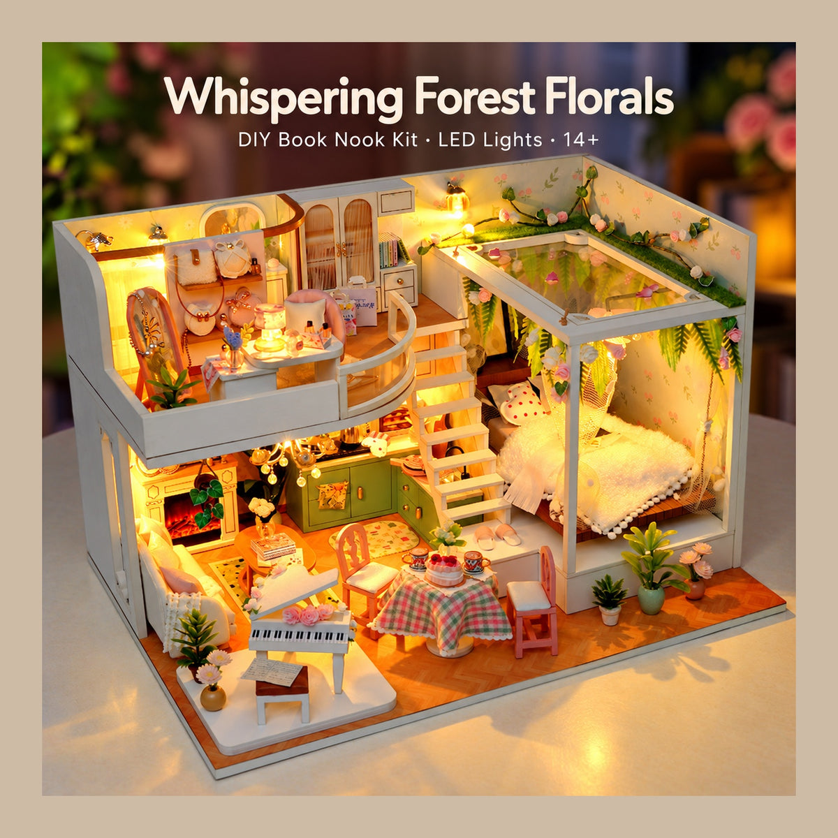 DIY Book Nook Kit – Whispering Forest Florals | LED Wooden Floral Hideaway
