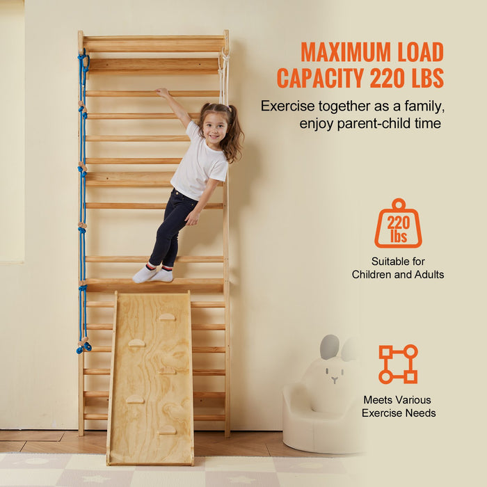 Wooden Wall Ladder with Slide and Hanging Rings