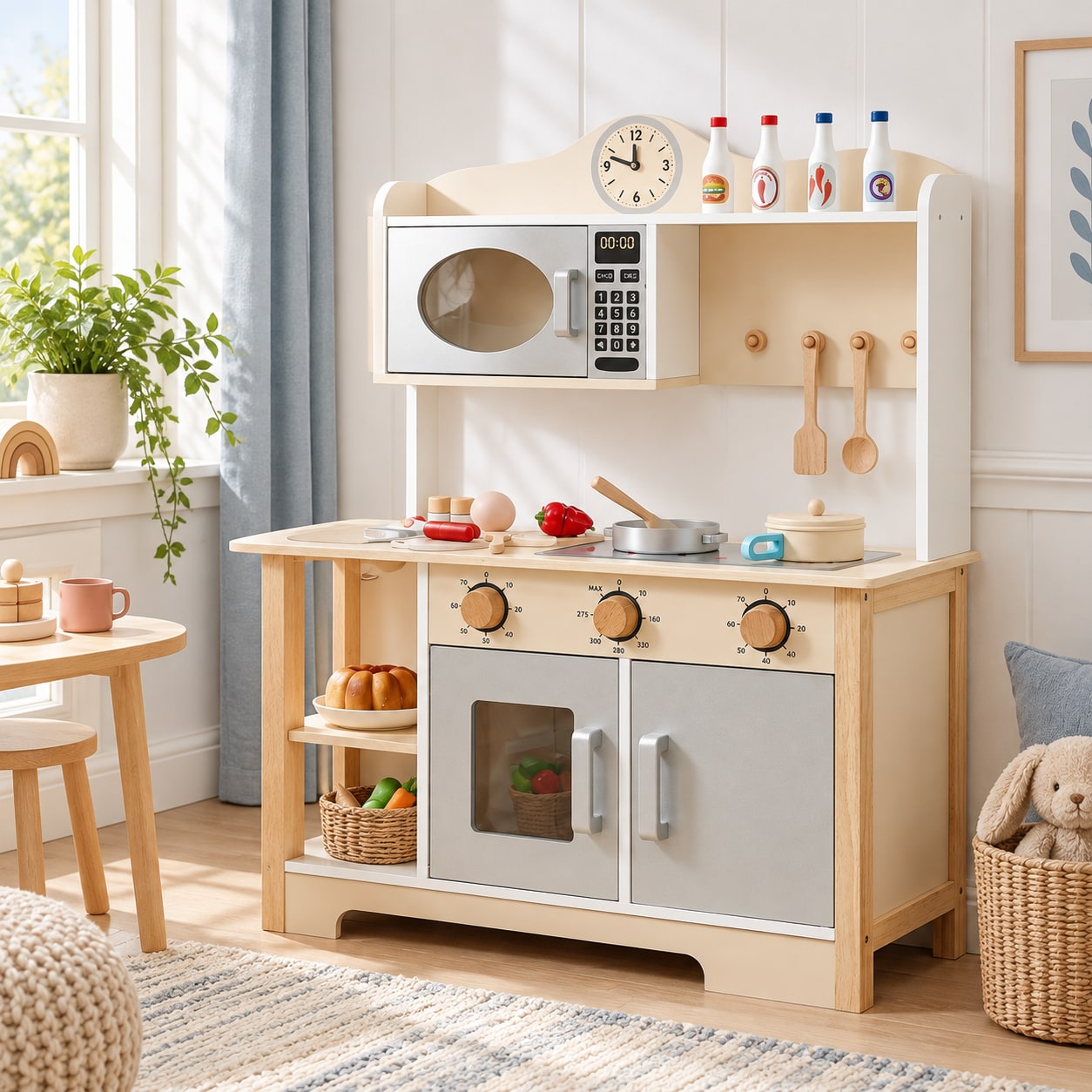 Wooden play kitchen in a family playroom