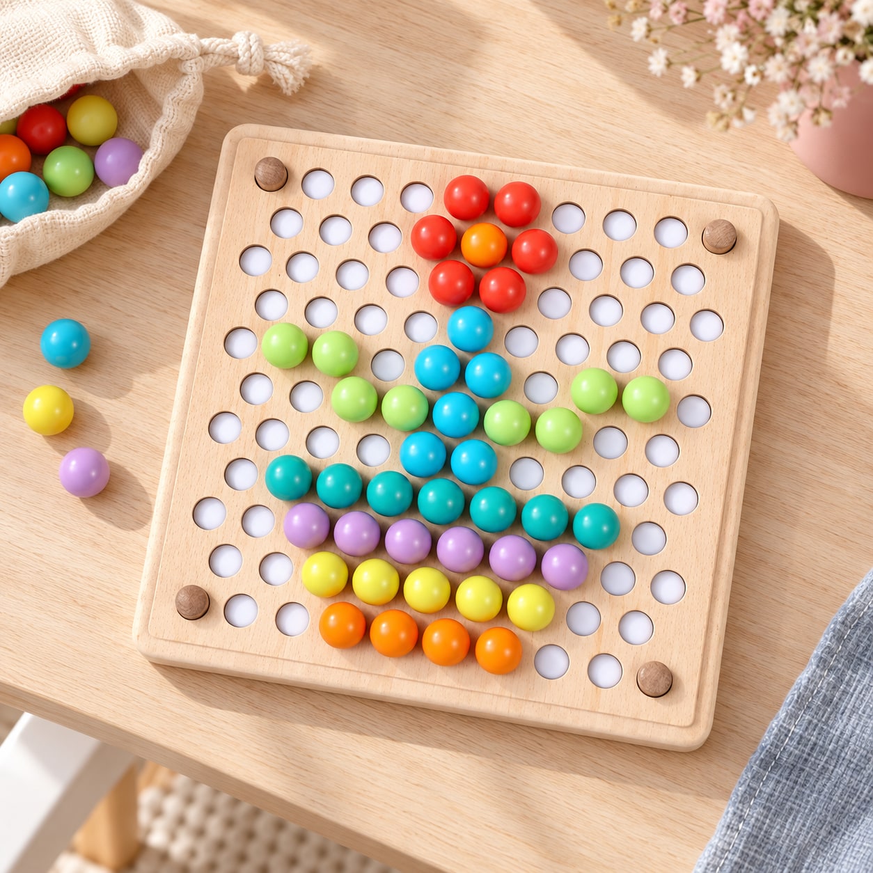 Wooden pegboard with colorful sorting pieces