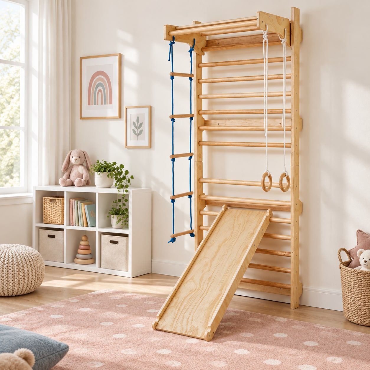 Wooden wall ladder and slide