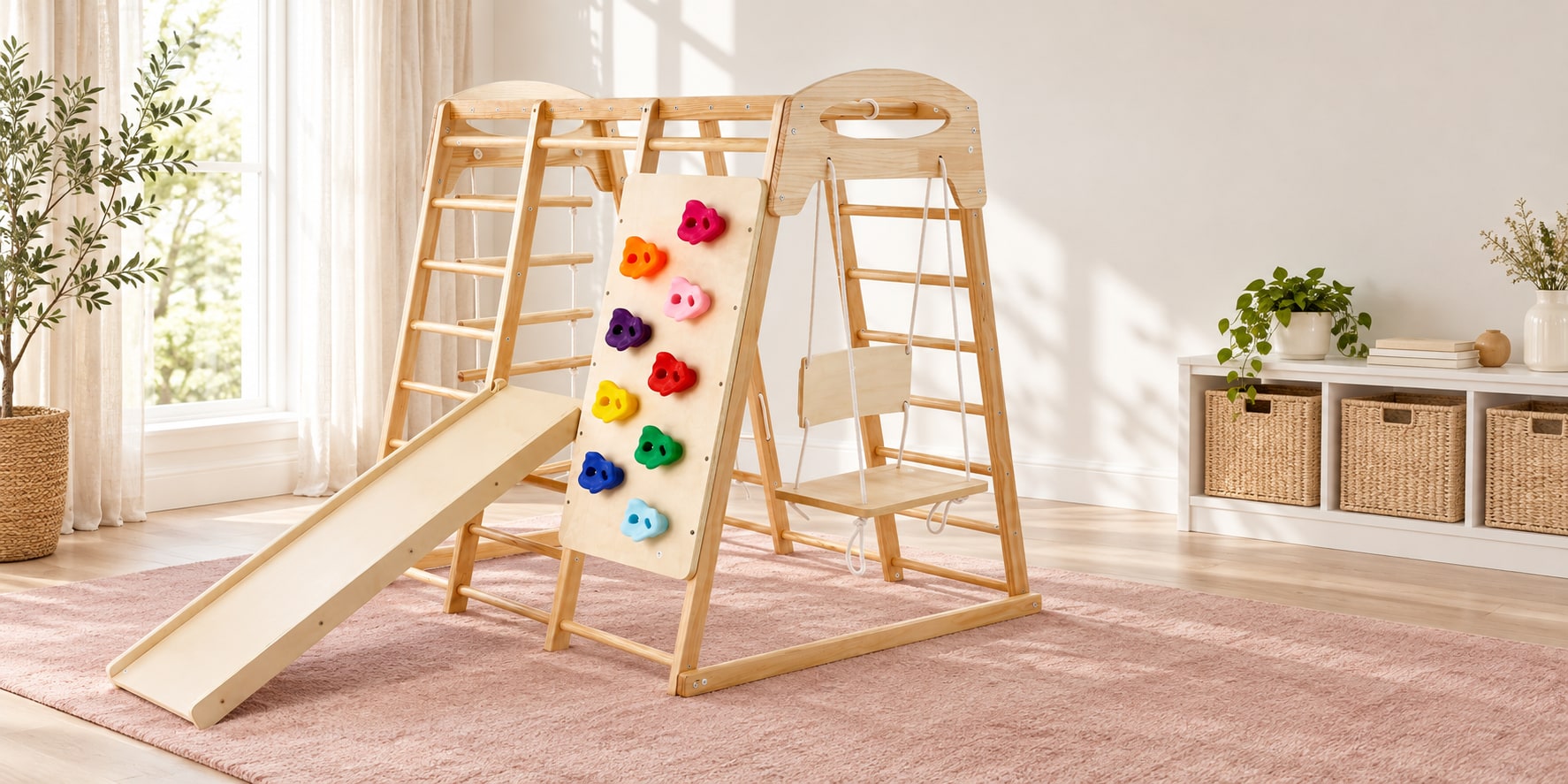 Wooden Indoor Jungle Gym with Climbing Wall in an original home scene