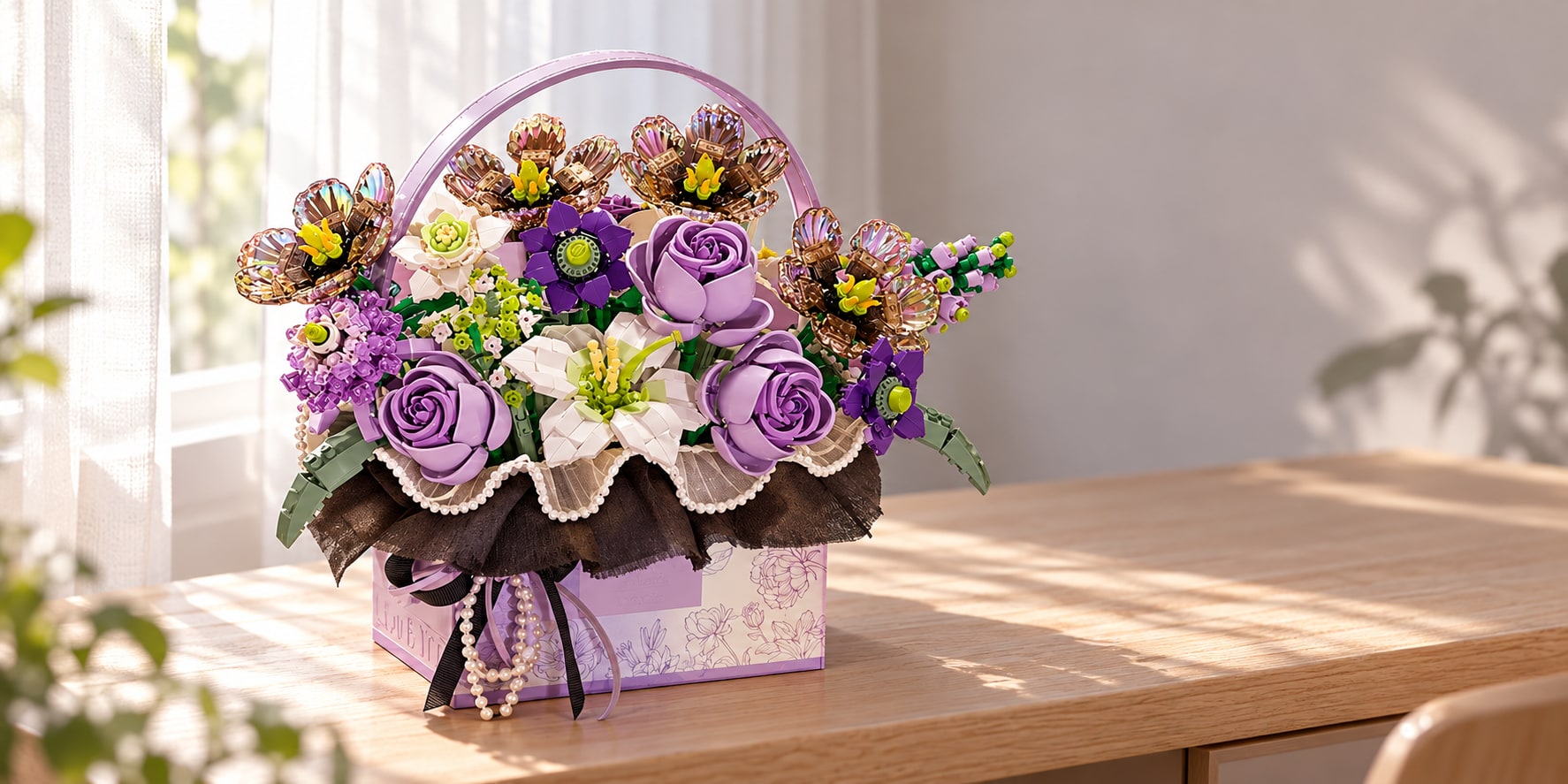 Flower Bouquet Building Block Display Kit in an original home scene
