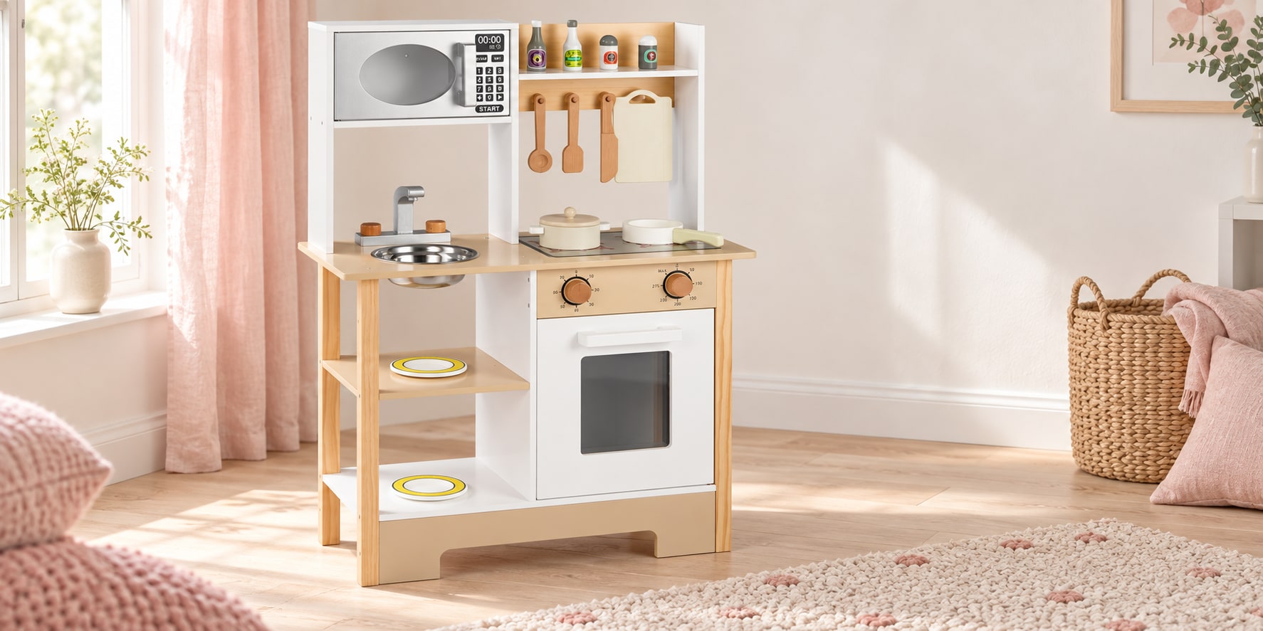 White and Natural Wooden Play Kitchen with Chalkboard in an original home scene
