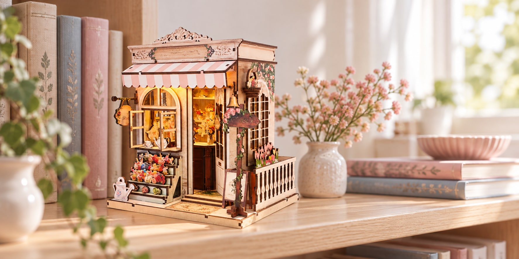 Florist Shop Miniature Book Nook Kit with Lights in an original home scene
