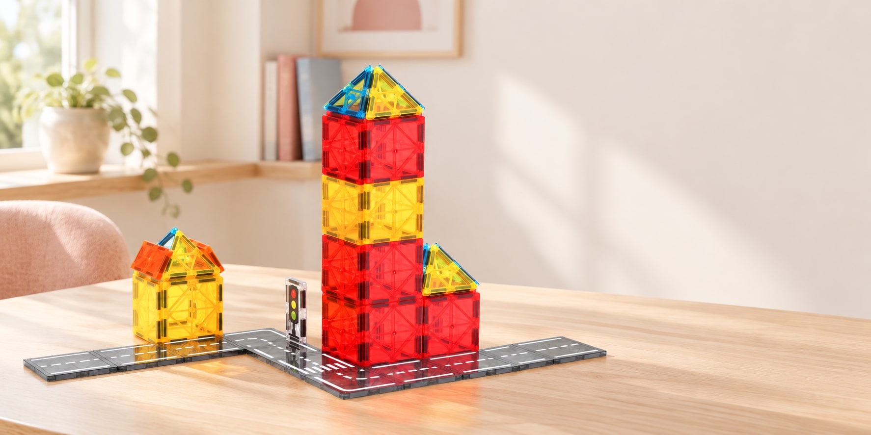 56-Piece Magnetic Road Tile Building Set in an original home scene