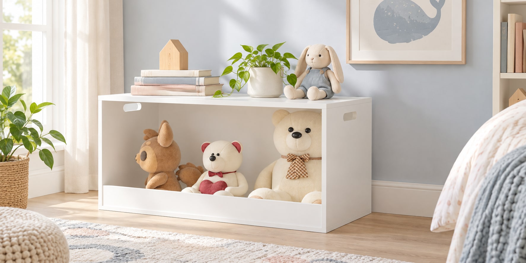 White Open Toy and Book Storage Organizer in an original home scene