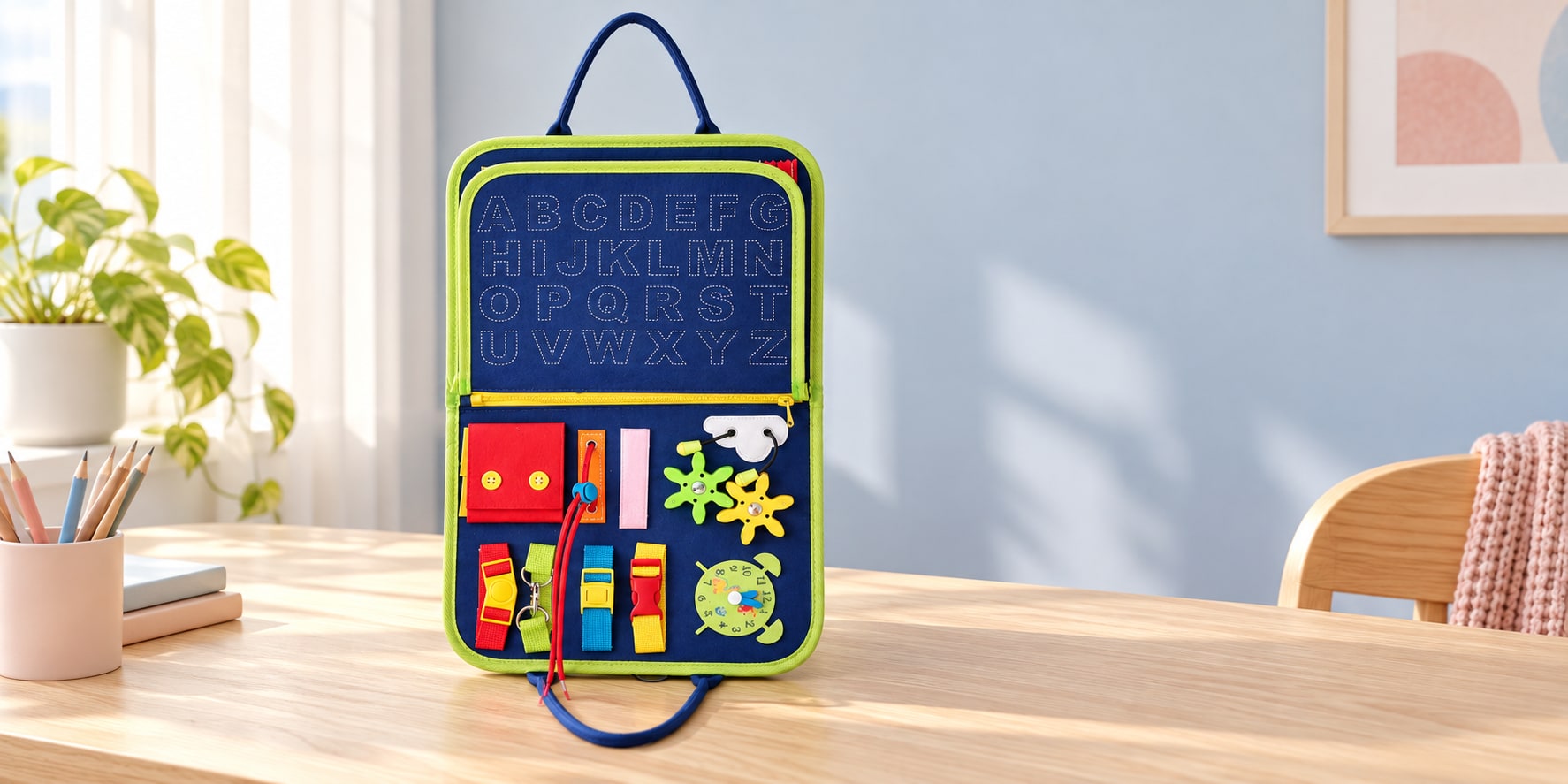 Portable Fabric Busy Board Activity Book in an original home scene
