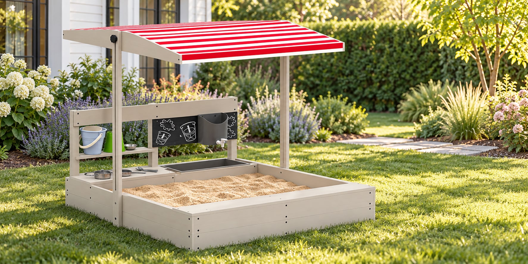 Wooden Sandbox with Canopy and Play Kitchen in an original home scene