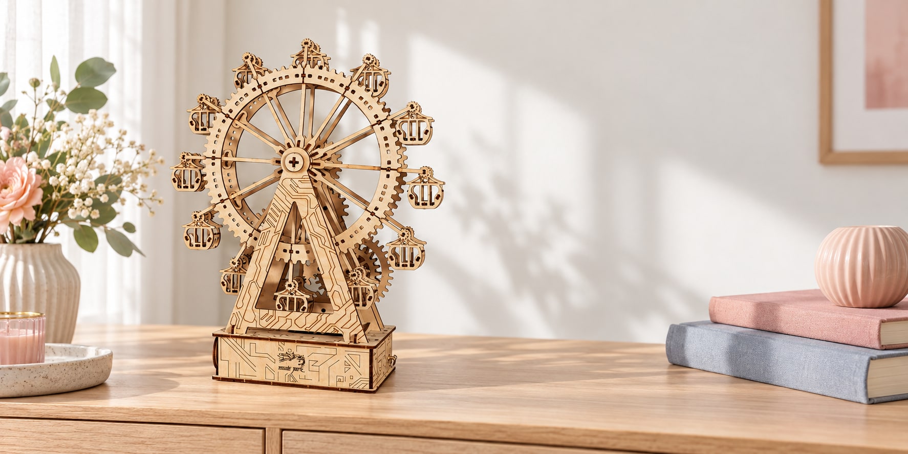 Wooden Ferris Wheel Construction Music Box in an original home scene