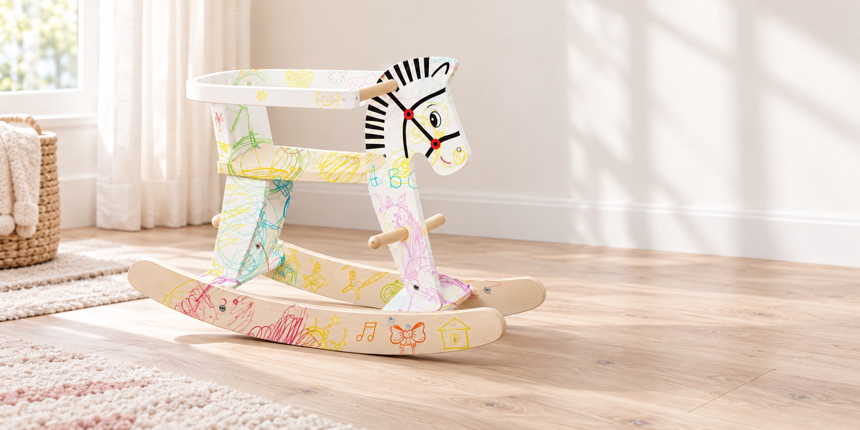 White Wooden Rocking Horse with Support Rail in an original home scene
