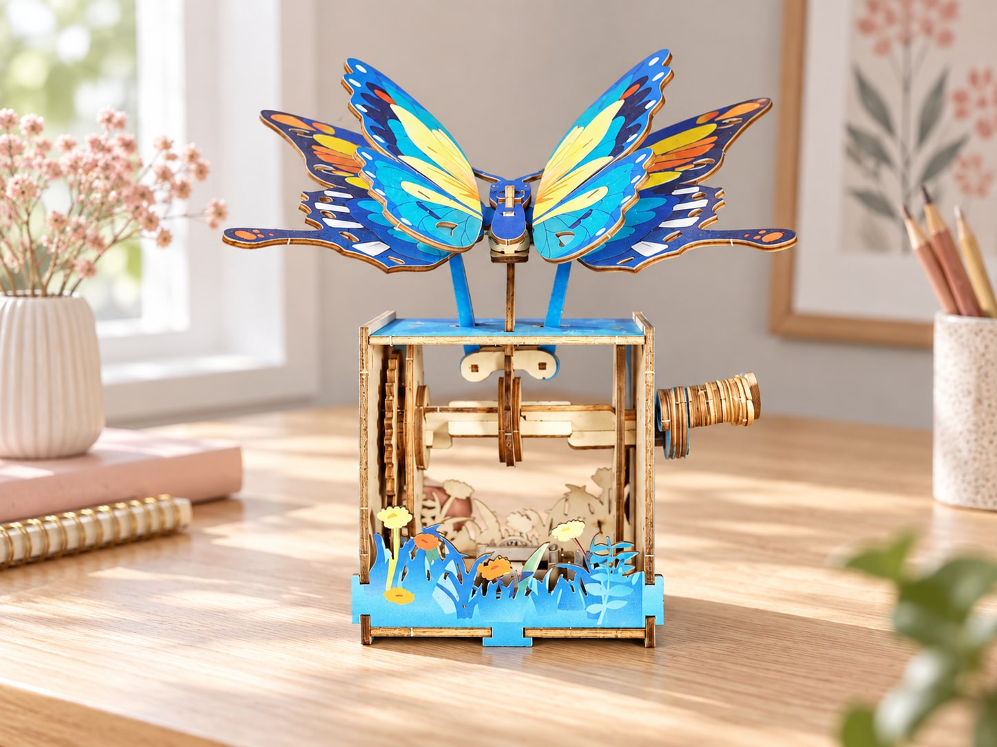 Colorful butterfly wooden music box displayed on a desk