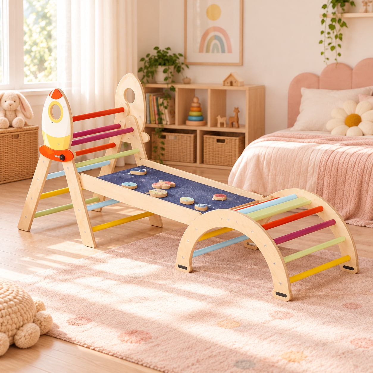 Colorful wooden climbing triangle and arch in a playroom