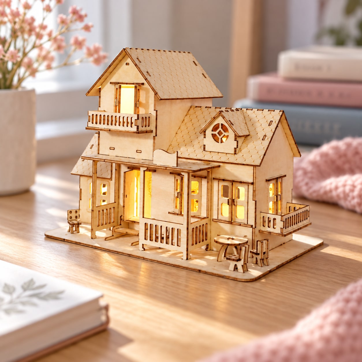 A small illuminated wooden house displayed at home