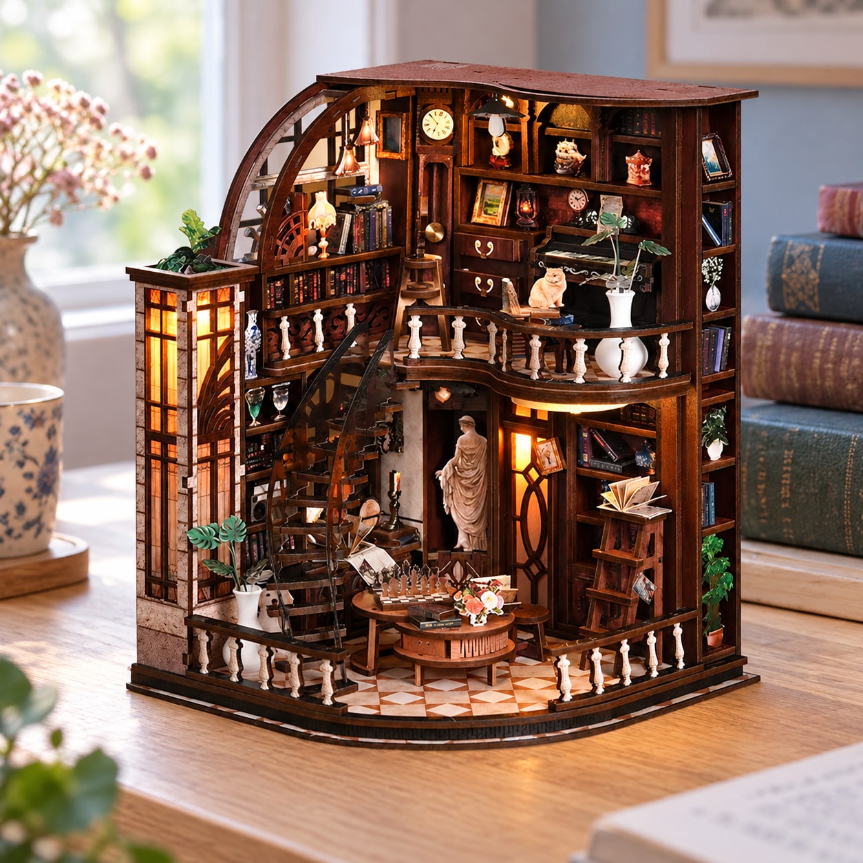 Miniature library study model on a desk
