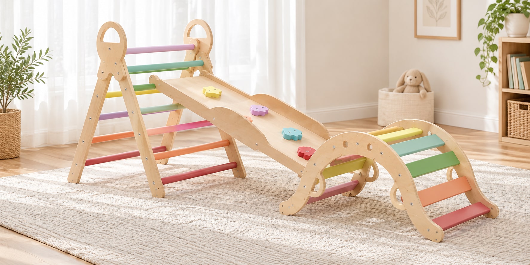 Pastel wooden climbing set in a naturally lit room