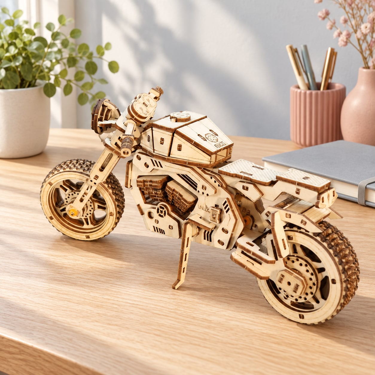 A wooden motorcycle model on a light workspace