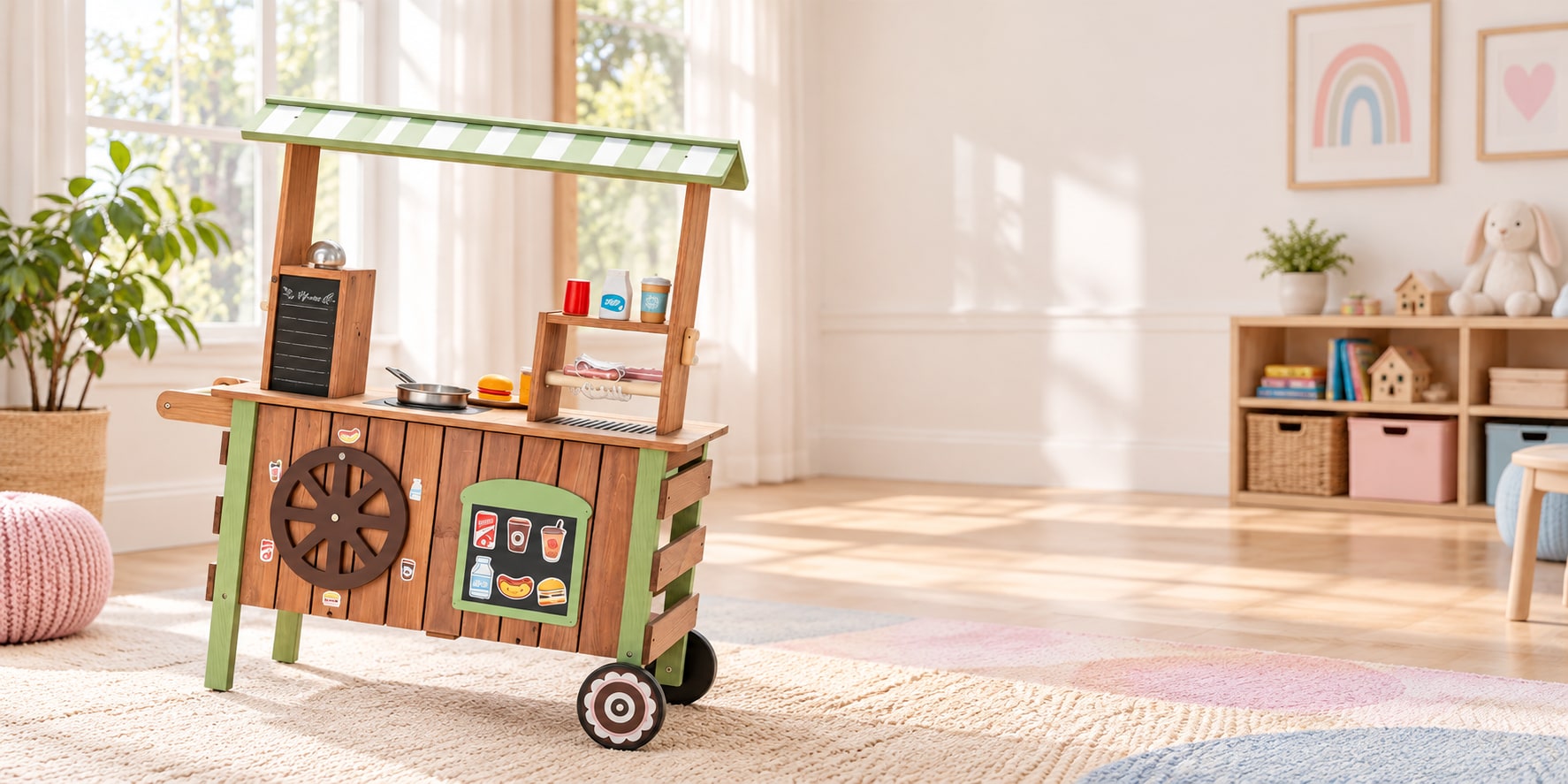 Wooden pretend grocery cart in a home playroom