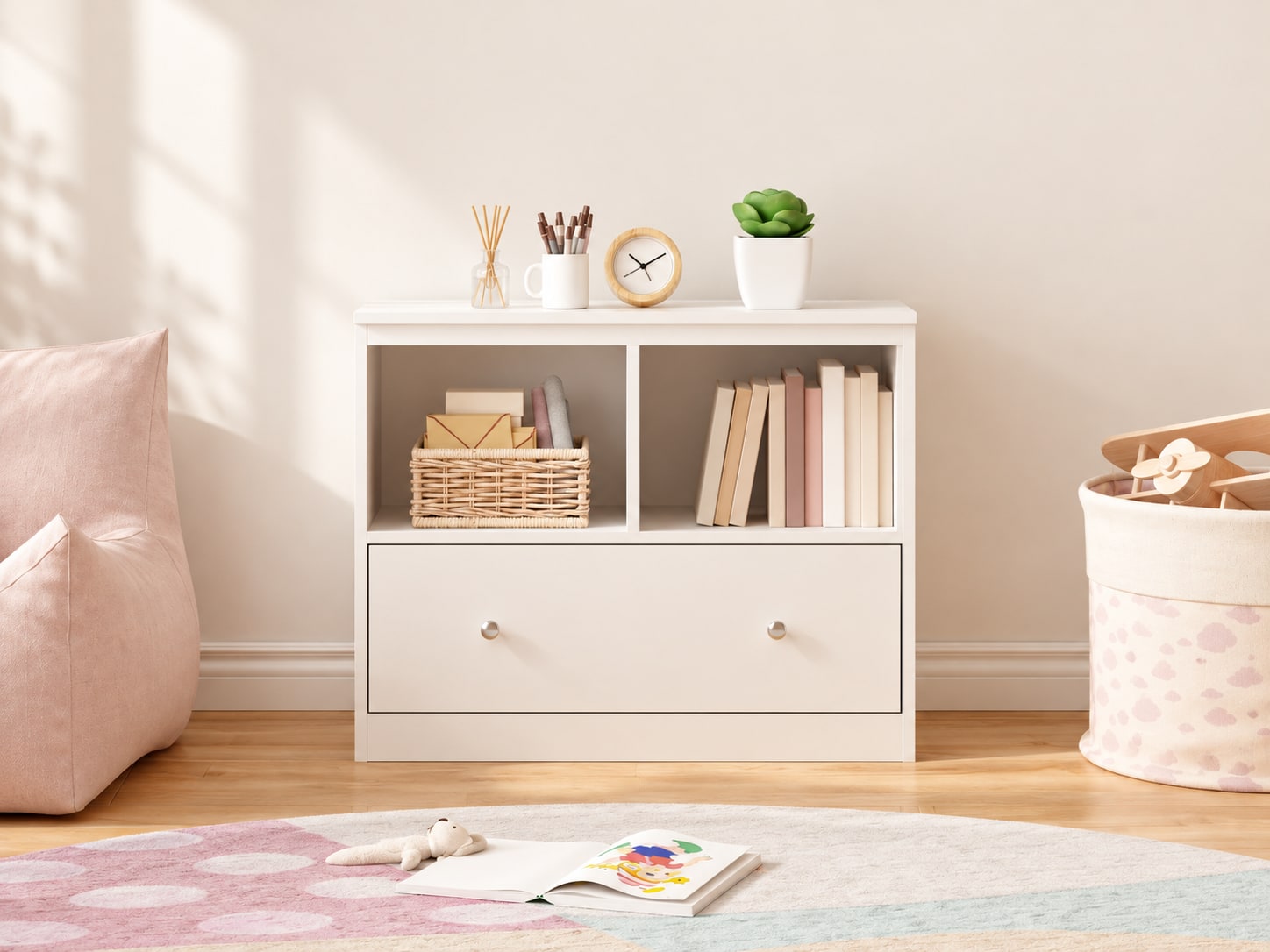 White toy cabinet with a wide drawer in a calm room